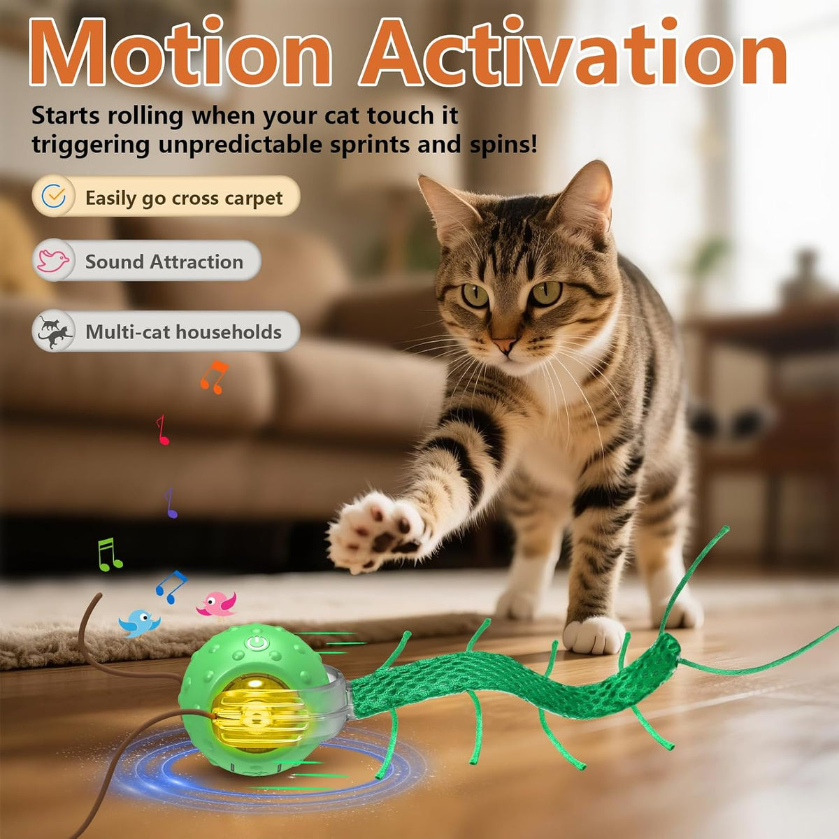 Interactive Motion Cat Ball Toy with Chirping Sounds, Green
