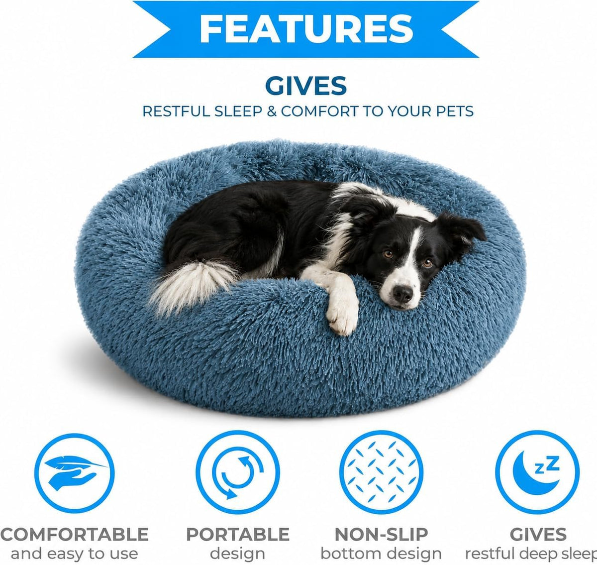 Faux Fur Round Donut Pet Sleeping Bed, Washable, Navy Grey