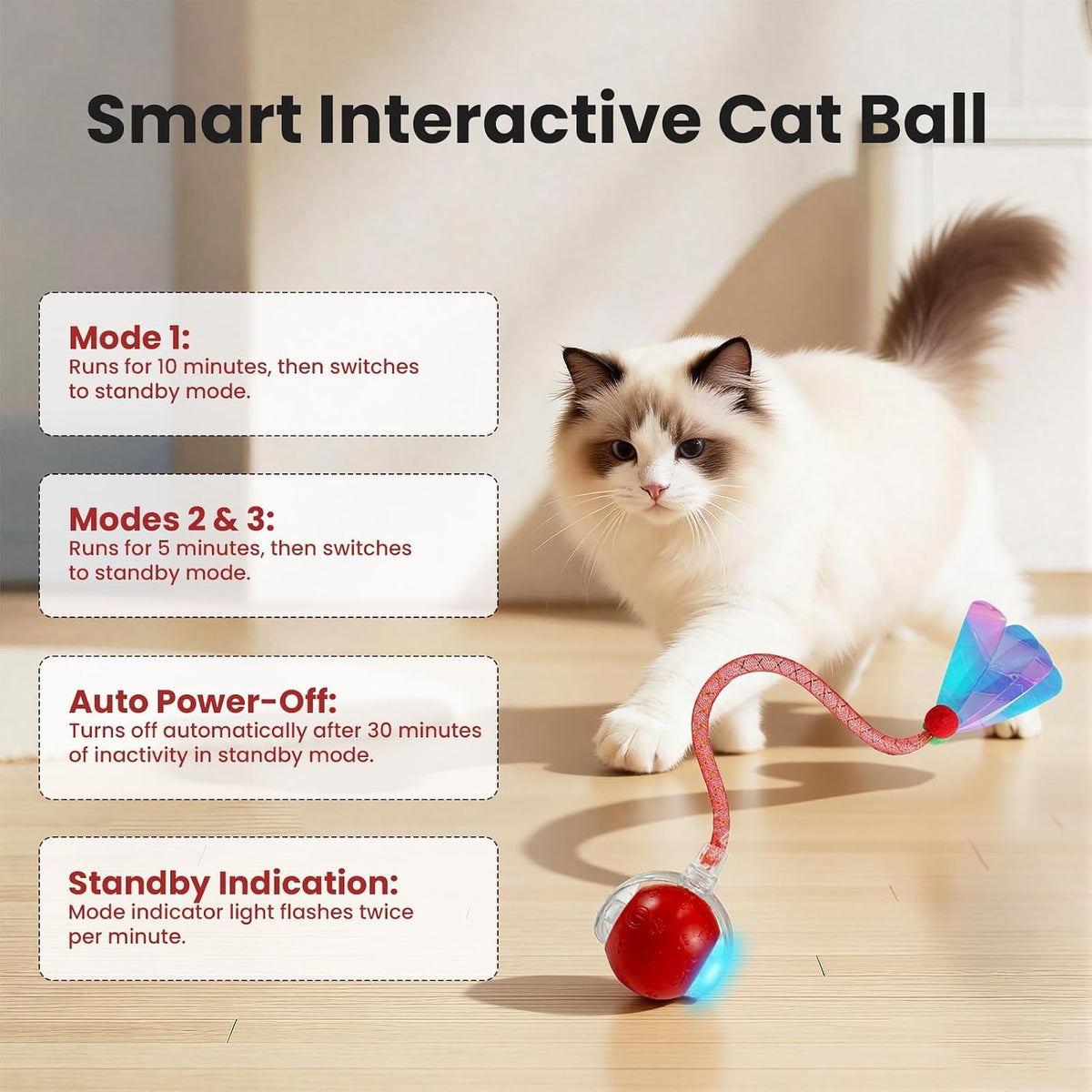 Automatic Interactive Motion Cat Ball Toy for Indoor Play, Red